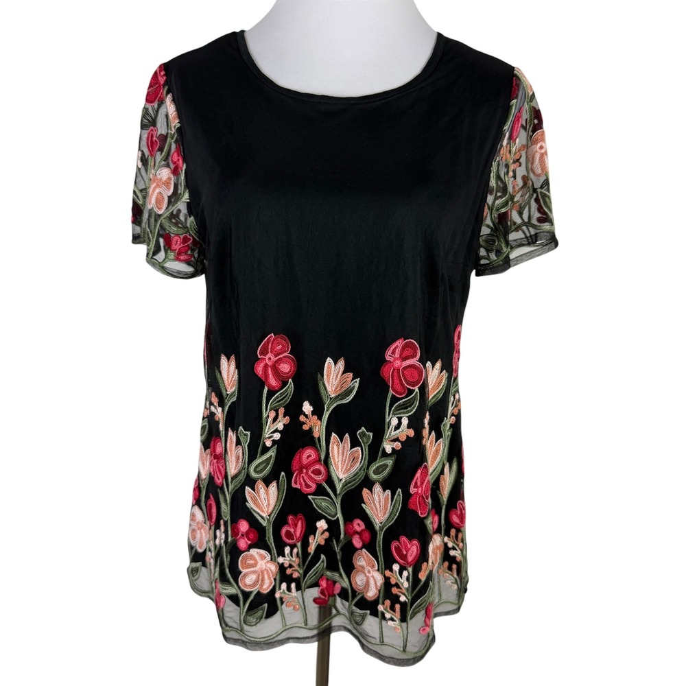 EST. 1946 Women's Large Black Floral Embroidered Mesh Overlay Blouse Keyhole